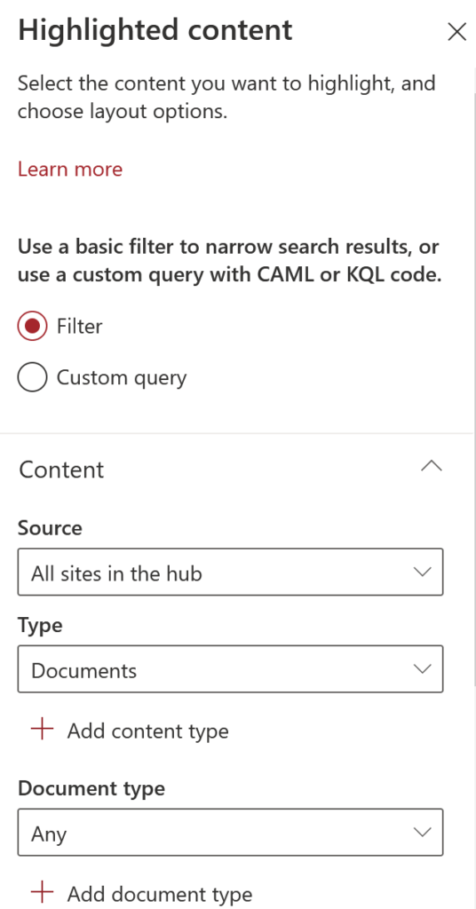 Screenshot aus SharePoint: Standard Einstellungen im Highlighted Content WebPart