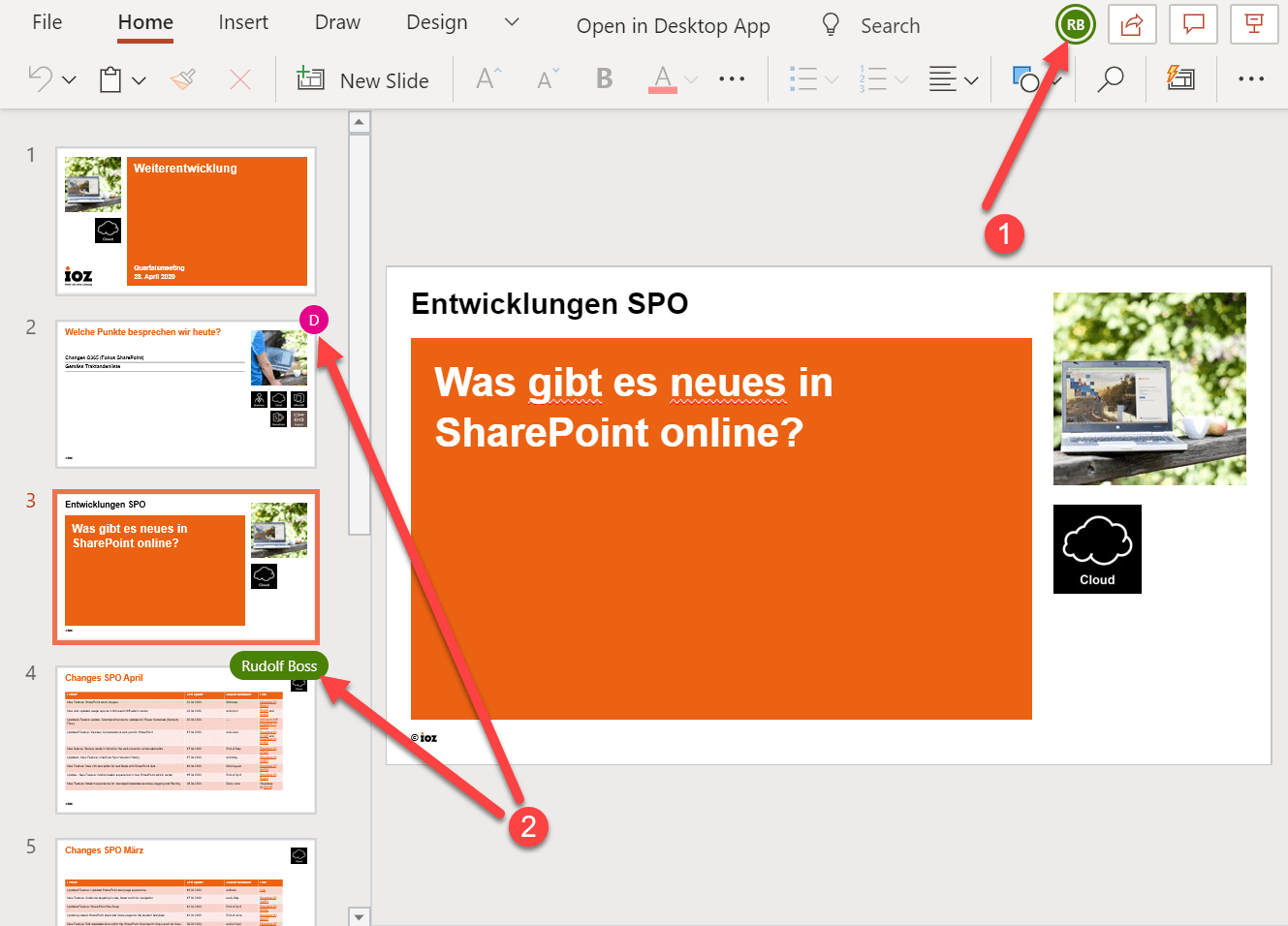 PowerPoint zeigt oben rechts im Menüband, sowie auf den Vorschaubildern der Slides an, welche anderen Autorinnen und Autoren in der Präsentation anwesend sind und wo sie gerade arbeiten.