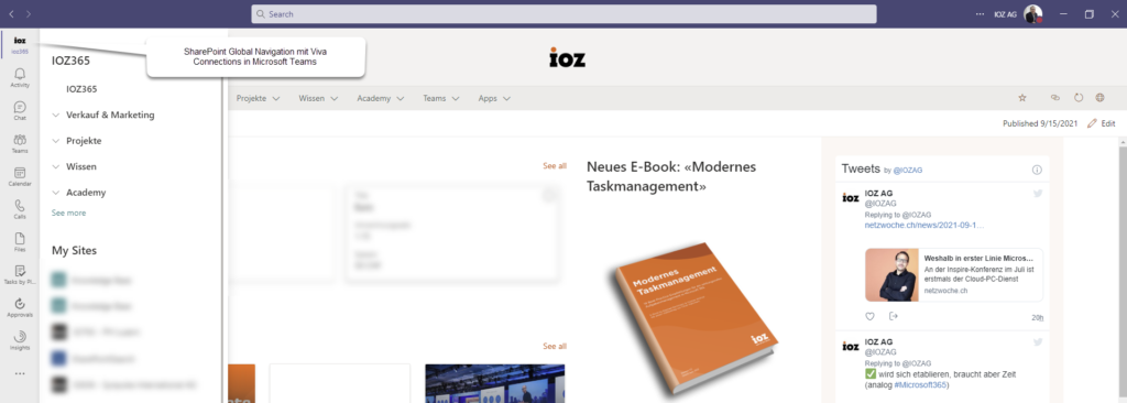 Screenshot: SharePoint Global Navigation mit Viva Connections in Microsoft Teams