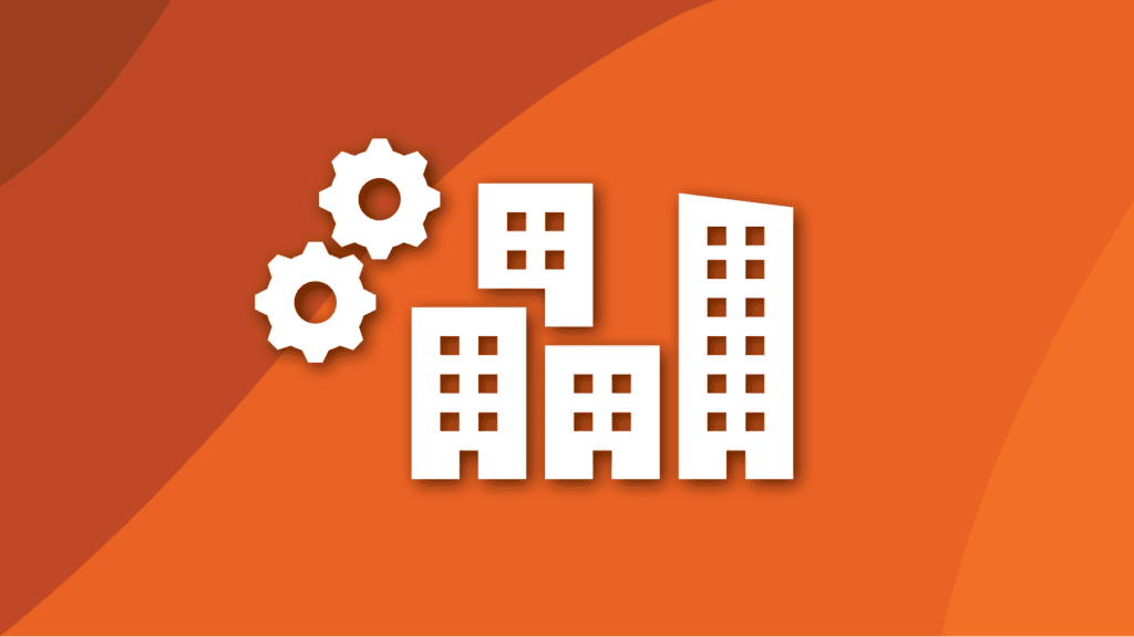 Ein weißes Symbol mit Zahnrädern und Gebäuden auf orangefarbenem Hintergrund, das Facility Management darstellt.