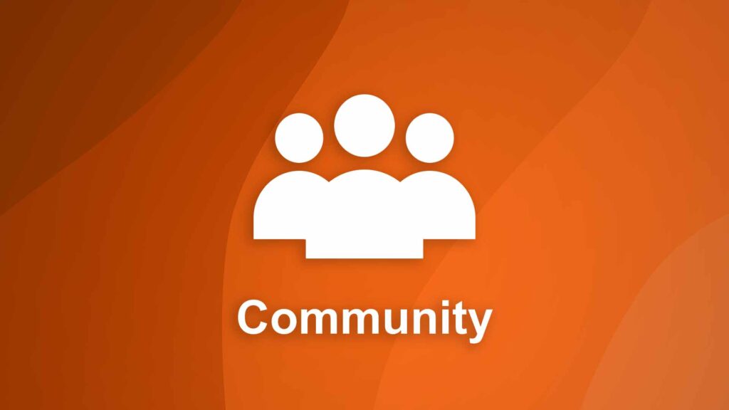 Ein weißes Symbol mit dem Wort Community auf orangefarbenem Hintergrund, das die SharePoint-Community in Microsoft 365 darstellt.