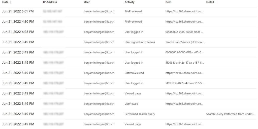 Microsoft Purview Screenshot von Nutzeraktivitäten