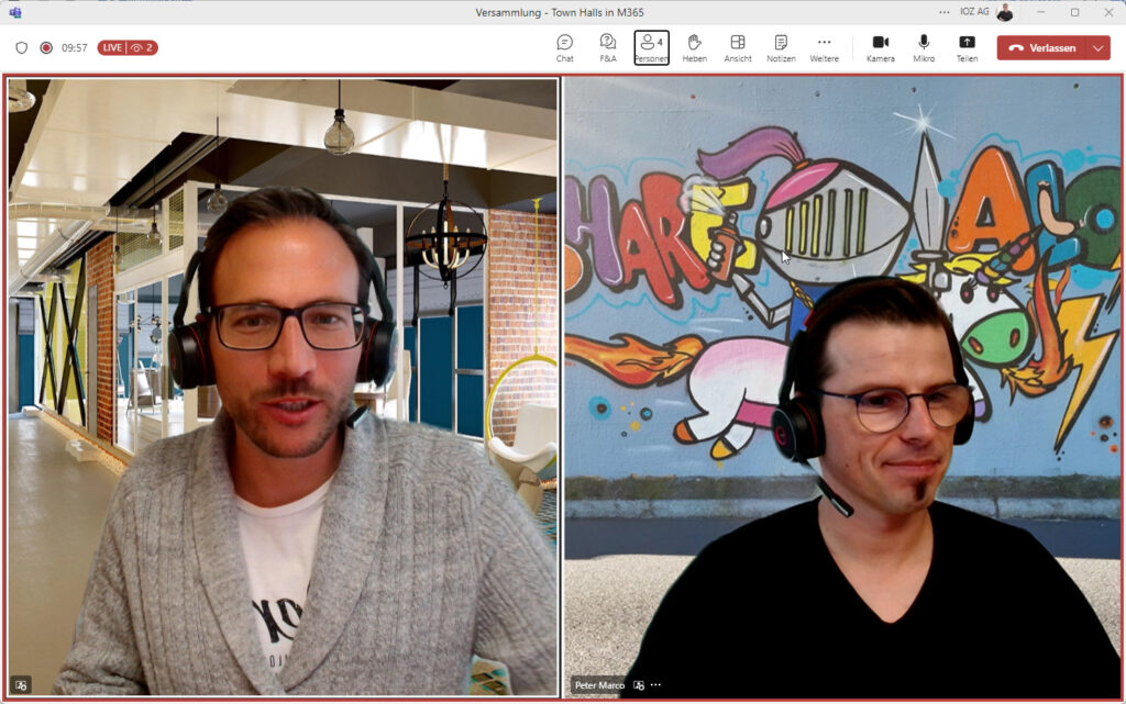Screenshot aus Microsoft Teams Town Halls: Vollbild-Ansicht mit zwei Referenten